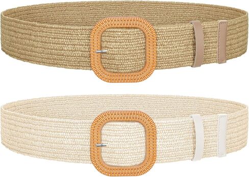 SUOSDEY 2 Pack Straw Woven Elastic Belt Braided Stretch Wide Boho Rattan Waist Belt for Women Dresses in Saudi Arabia