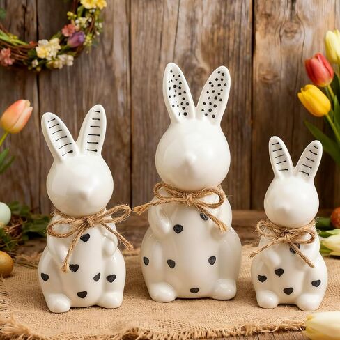3 Pcs Easter Ceramic Bunny Figurine Decor Large Black and White Porcelain Polka Dot Rabbit Statues Modern Elegant Bunnies Figurines Easter Gift Spring Decor for Tabletop Bookshelf in Kuwait