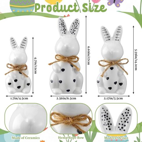 3 Pcs Easter Ceramic Bunny Figurine Decor Large Black and White Porcelain Polka Dot Rabbit Statues Modern Elegant Bunnies Figurines Easter Gift Spring Decor for Tabletop Bookshelf in Kuwait