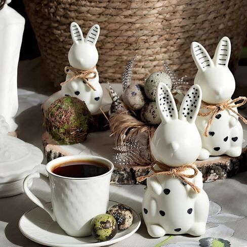 3 Pcs Easter Ceramic Bunny Figurine Decor Large Black and White Porcelain Polka Dot Rabbit Statues Modern Elegant Bunnies Figurines Easter Gift Spring Decor for Tabletop Bookshelf in Kuwait