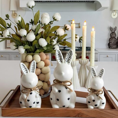 3 Pcs Easter Ceramic Bunny Figurine Decor Large Black and White Porcelain Polka Dot Rabbit Statues Modern Elegant Bunnies Figurines Easter Gift Spring Decor for Tabletop Bookshelf in Kuwait