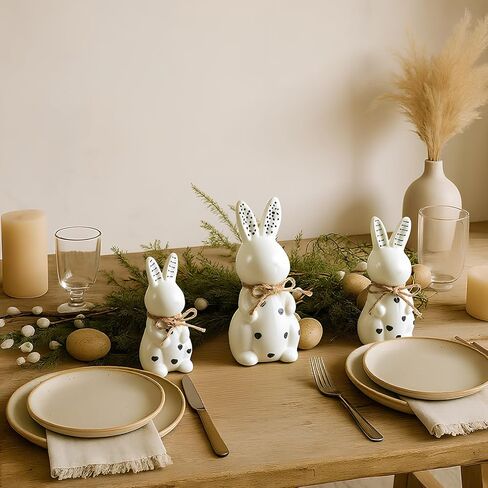 3 Pcs Easter Ceramic Bunny Figurine Decor Large Black and White Porcelain Polka Dot Rabbit Statues Modern Elegant Bunnies Figurines Easter Gift Spring Decor for Tabletop Bookshelf in Kuwait