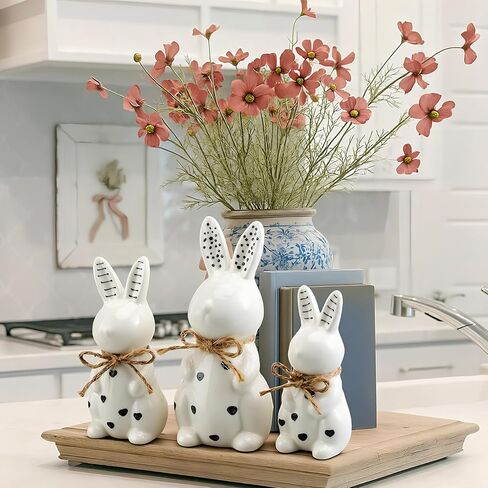 3 Pcs Easter Ceramic Bunny Figurine Decor Large Black and White Porcelain Polka Dot Rabbit Statues Modern Elegant Bunnies Figurines Easter Gift Spring Decor for Tabletop Bookshelf in Kuwait