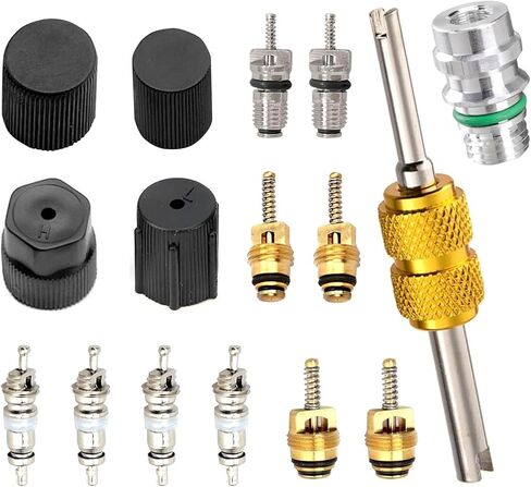 طقم أساسي لصمام تكييف الهواء مكون من 16 قطعة، مجموعة صمامات التيار المتردد R134A وغطاء الختم، طقم إصلاح منفذ خدمة تكييف الهواء العالمي، للسيارات والشاحنات وسيارات الدفع الرباعي (أسود) in Kuwait