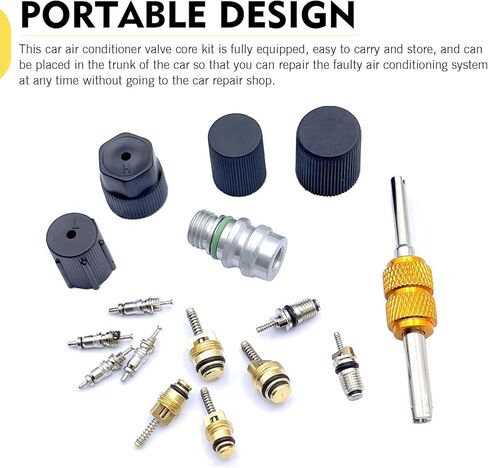 طقم أساسي لصمام تكييف الهواء مكون من 16 قطعة، مجموعة صمامات التيار المتردد R134A وغطاء الختم، طقم إصلاح منفذ خدمة تكييف الهواء العالمي، للسيارات والشاحنات وسيارات الدفع الرباعي (أسود) in Kuwait