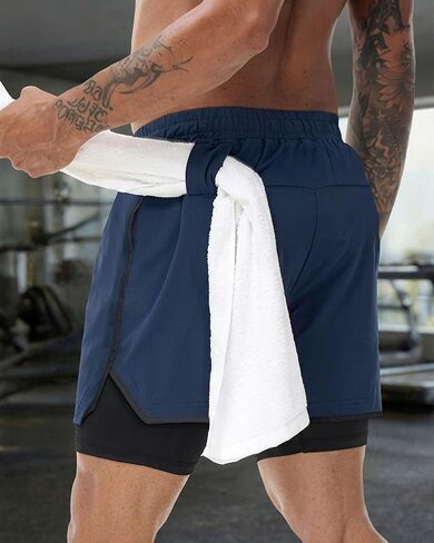 Men's 2 in 1 Running Shorts Quick Dry Athletic Shorts with Pockets and Towel Loop in Saudi Arabia