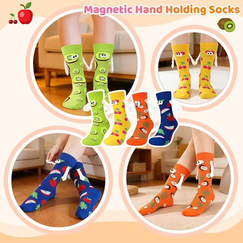 4 Pairs Magnetic Holding Hands Socks, Women's Funny Colorful Novelty Pattern Cotton Crew Socks for Men Women in Saudi Arabia
