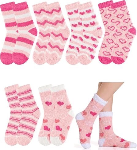 PLULON 6 Pairs Valentines Fuzzy Fluffy Socks for Women, Pink Heart Fuzzy Cozy Stockings Fluffy Plush Fleece Sleep Socks Thick Warm for Girls Valentines Day Bachelor Wedding Galentines Day Party Gifts in Saudi Arabia