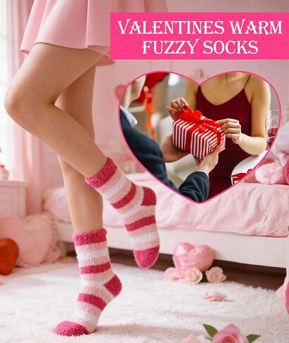 PLULON 6 Pairs Valentines Fuzzy Fluffy Socks for Women, Pink Heart Fuzzy Cozy Stockings Fluffy Plush Fleece Sleep Socks Thick Warm for Girls Valentines Day Bachelor Wedding Galentines Day Party Gifts in Saudi Arabia