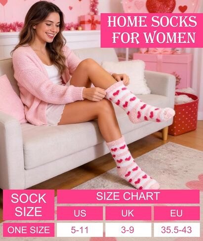 PLULON 6 Pairs Valentines Fuzzy Fluffy Socks for Women, Pink Heart Fuzzy Cozy Stockings Fluffy Plush Fleece Sleep Socks Thick Warm for Girls Valentines Day Bachelor Wedding Galentines Day Party Gifts in Saudi Arabia