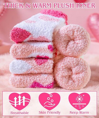 PLULON 6 Pairs Valentines Fuzzy Fluffy Socks for Women, Pink Heart Fuzzy Cozy Stockings Fluffy Plush Fleece Sleep Socks Thick Warm for Girls Valentines Day Bachelor Wedding Galentines Day Party Gifts in Saudi Arabia