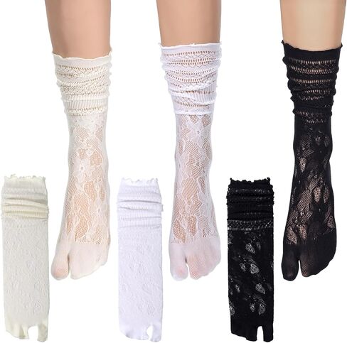 3Pairs Women Ankle Split Toe Socks, Lace Tabi Socks, Mesh Slouch Japanese Flip Flop Sock for Women Daily Wear in Kuwait