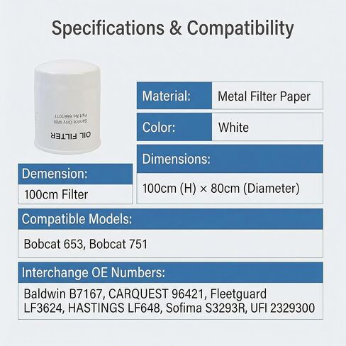 فلتر زيت المحرك 6661011 متوافق مع لوادر Bobcat 653 751. بديل لـ Baldwin B7167 CARQUEST 96421 Fleetguard LF3624 HASTINGS LF648 Sofima S3293R UFI 2329300 in Kuwait