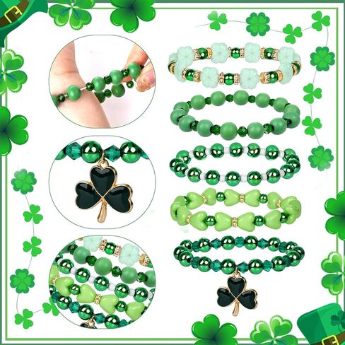 Yolyoo St.Patrick's Day Bracelets Shamrock Clay Beaded Stretch Bracelets for Women Men Holiday Accessory Party Gifts in Saudi Arabia