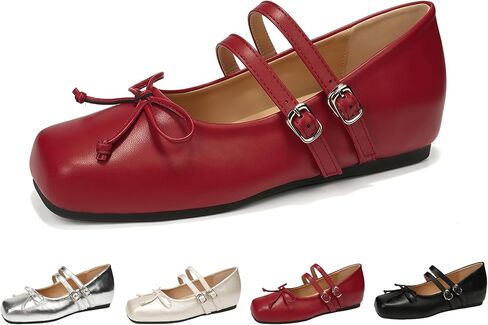 Mary Jane Flats for Women, Vintage Square Toe Ballet Shoes with Elegant Bow Double Strap Buckle, Soft Comfortable Dress Shoes for Office Work Daily Outfits in Kuwait