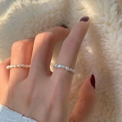 Dainty Beaded Pearl Stretch Knuckle Rings Stackable for Women Statement, Cute Small White Beads Finger Ring Vintage Simple Party Jewelry Accessories in Saudi Arabia
