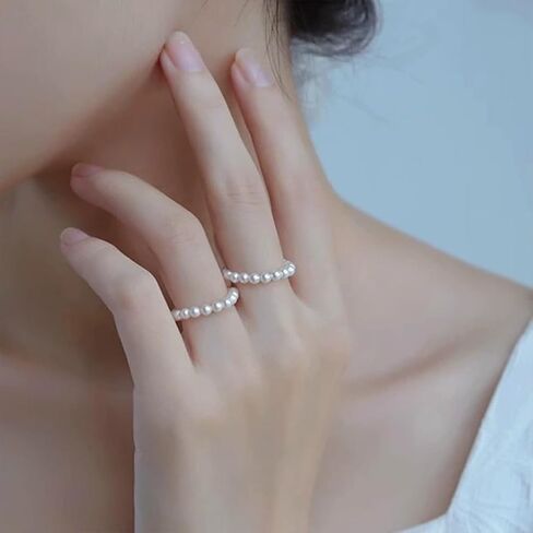 Dainty Beaded Pearl Stretch Knuckle Rings Stackable for Women Statement, Cute Small White Beads Finger Ring Vintage Simple Party Jewelry Accessories in Saudi Arabia