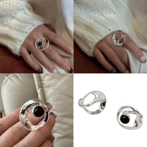 Irregular Black Stone Rings Fashion Adjustable Opening Rings Stacking Option Jewelry Stackable Accessory Fashion in Saudi Arabia