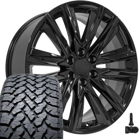 OE Wheels CA91 22 Inch Rims and Tires Fit Escalade Sport Style 6x139.7 22x9 Gloss Black - Hollander 4869 - TS-37 AT 285/45-22 (Set of 4) in Saudi Arabia