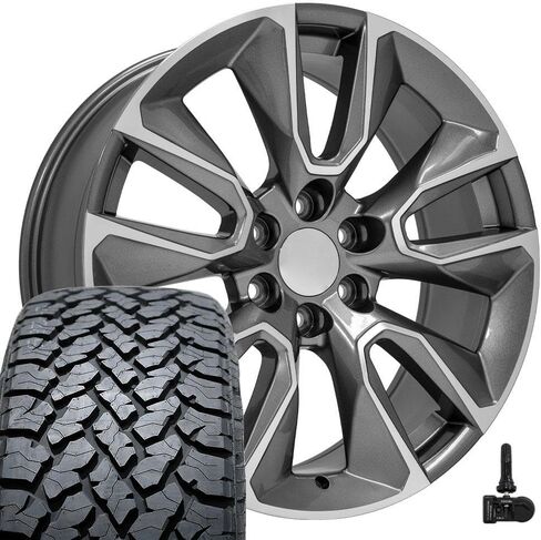 OE Wheels CV32 22 Inch Rims and Tires Fit Silverado 1500 Style 6x139.7 22x9 Gloss Gunmetal Machined - Hollander 5916 - TS-37 AT 285/45-22 (Set of 4) in Saudi Arabia