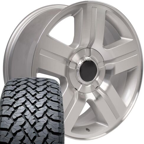 OE Wheels CV84 20 Inch Rims and Tires Fit Tahoe Style 6x139.7 20x8.5 Gloss Silver Machined - Hollander 5291 - TS-37 AT 275/55-20 (Set of 4) in Saudi Arabia