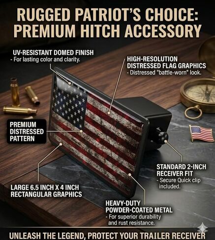 American Flag Trailer Hitch Cover, Battle Hardened Patriotic Design, Black Metal Frame, Vintage USA Stars and Stripes Pattern, for Trucks and SUVs in Saudi Arabia