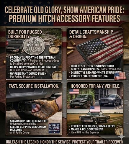 American Flag Trailer Hitch Cover, Battle Hardened Patriotic Design, Black Metal Frame, Vintage USA Stars and Stripes Pattern, for Trucks and SUVs in Saudi Arabia