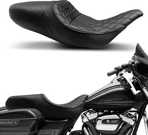 مقعد من قطعة واحدة للسائق والراكب 2-Up مناسب لـ 1997-2007 Harley Touring Road King Road Glide Electra Glide، خياطة سوداء in Kuwait