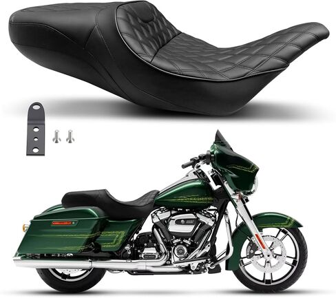 مقعد من قطعة واحدة للسائق والراكب 2-Up مناسب لـ 1997-2007 Harley Touring Road King Road Glide Electra Glide، خياطة سوداء in Kuwait