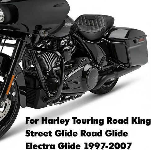 مقعد من قطعة واحدة للسائق والراكب 2-Up مناسب لـ 1997-2007 Harley Touring Road King Road Glide Electra Glide، خياطة سوداء in Kuwait