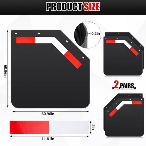 BBTO 4 Pack 24" x 24" Angled Mud Flaps for Semi Trucks 1/5" Thick Black Heavy Duty Mudflaps with 8 Pcs PVC Night Reflective Stickers Fit for Semi Trucks Trailers in Saudi Arabia