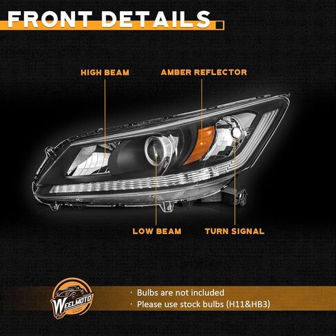 WEELMOTO Headlight for 2013 2014 2015 Honda Accord Sedan 4-Door Halogen Projector Headlamp,Black Housing Amber Reflector Left+Right OE Style in Saudi Arabia