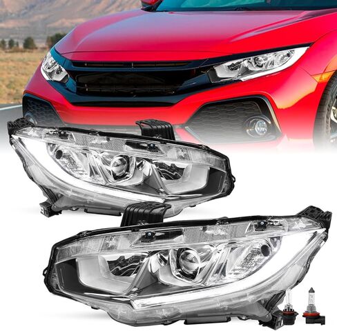 SOCKIR - For 2016-2021 Honda Civic [Halogen Type w/LED DRL] OEM Projector Chrome Housing Headlight Headlamp Assembly Replacement Pair (Driver & Passenger Side) in Saudi Arabia