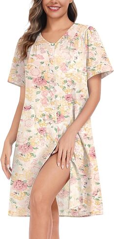 YOZLY Women's Cotton Button Down Short Sleeve House Dress Housecoat Lounger Robe with Pockets 3-XXXL in Kuwait