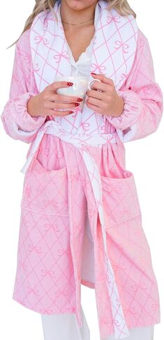 Miqil Women Fuzzy Fleece Flannel Lounge Robe Cute Bow Knot Heart Print Shawl Collar Belted Plush Soft Bathrobe with Pockets in Saudi Arabia
