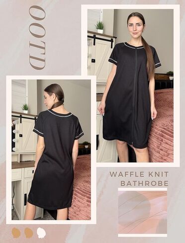 Ekouaer Women Zipper Robe Short Waffle Knit Bathrobe Lightweight Housecoat Soft Knee Length Loungewear with Pockets Black, M in Saudi Arabia