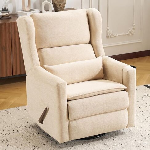 كرسي كرسي هزاز دوار مع الحرارة والتدليك، كرسي هزاز كبير الحجم بعرض 26 بوصة مع مسند ظهر محشو، كرسي دوار منزلق لغرفة المعيشة، بيج in Kuwait