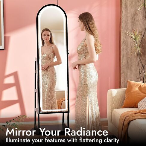Zamildon's LED Mirror Jewelry Cabinet Standing, 360° Swivel Arched Full Length Mirror Jewelry Armoire with Adjustable LED Lights, Large Lockable Jewelry Organizer with Storage Shelves (Black) in Saudi Arabia
