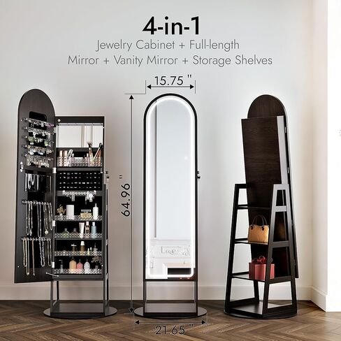 Zamildon's LED Mirror Jewelry Cabinet Standing, 360° Swivel Arched Full Length Mirror Jewelry Armoire with Adjustable LED Lights, Large Lockable Jewelry Organizer with Storage Shelves (Black) in Saudi Arabia