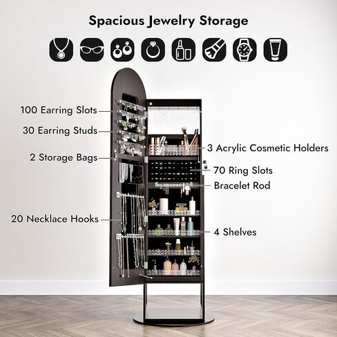 Zamildon's LED Mirror Jewelry Cabinet Standing, 360° Swivel Arched Full Length Mirror Jewelry Armoire with Adjustable LED Lights, Large Lockable Jewelry Organizer with Storage Shelves (Black) in Saudi Arabia