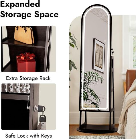 Zamildon's LED Mirror Jewelry Cabinet Standing, 360° Swivel Arched Full Length Mirror Jewelry Armoire with Adjustable LED Lights, Large Lockable Jewelry Organizer with Storage Shelves (Black) in Saudi Arabia