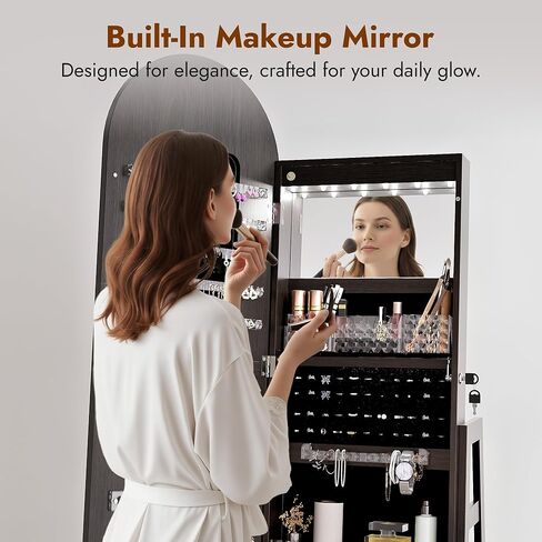 Zamildon's LED Mirror Jewelry Cabinet Standing, 360° Swivel Arched Full Length Mirror Jewelry Armoire with Adjustable LED Lights, Large Lockable Jewelry Organizer with Storage Shelves (Black) in Saudi Arabia