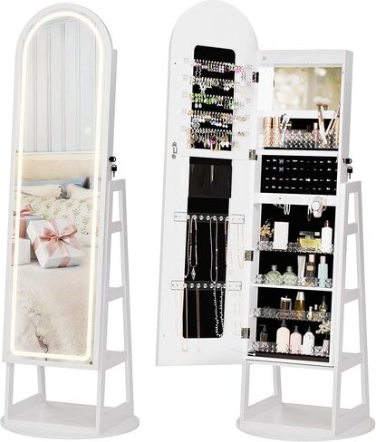 Zamildon's LED Mirror Jewelry Cabinet Standing, 360° Swivel Arched Full Length Mirror Jewelry Armoire with Adjustable LED Lights, Large Lockable Jewelry Organizer with Storage Shelves (Black) in Saudi Arabia