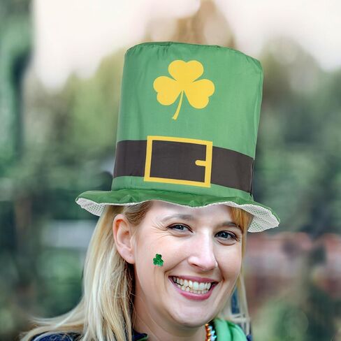 St. Patrick's Day Shamrock Clover Hat, Irish Green Leprechaun Top Hat for Men & Women (Green Hat D) in Kuwait