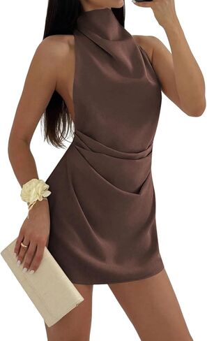 Women Sexy Ruched Halter Mini Dress Elegant Sleeveless Zipper Slim Fit Open Back Tie Party Short Dress in Saudi Arabia