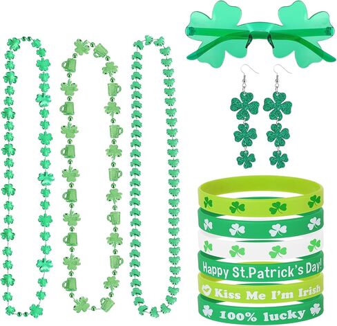 St Patricks Day Accessories Set, Green Shamrock Sunglasses & Earrings, Shamrock Green Beads Necklace & Bracelets, St Patricks Day Shirt Women Accessories for Women in Kuwait