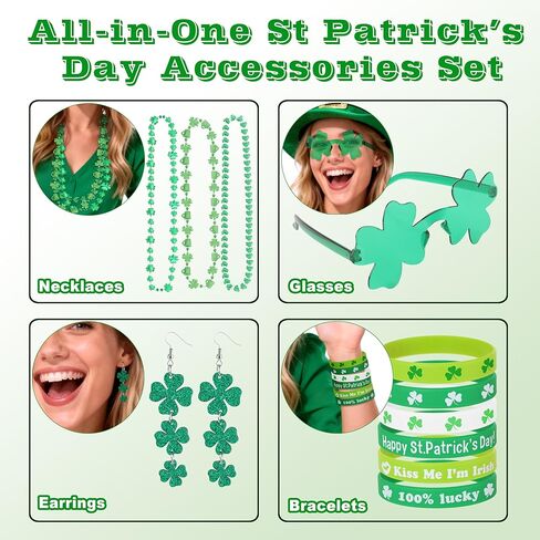 St Patricks Day Accessories Set, Green Shamrock Sunglasses & Earrings, Shamrock Green Beads Necklace & Bracelets, St Patricks Day Shirt Women Accessories for Women in Kuwait
