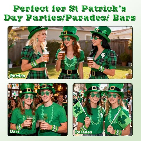 St Patricks Day Accessories Set, Green Shamrock Sunglasses & Earrings, Shamrock Green Beads Necklace & Bracelets, St Patricks Day Shirt Women Accessories for Women in Kuwait