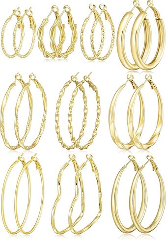 أقراط حلقية ذهبية للنساء، مجموعة أقراط حلقية كبيرة مضادة للحساسية، مجموعة أقراط حلقية صغيرة وكبيرة خفيفة الوزن للنساء كهدية مجوهرات 25 مم/30 مم/40 مم/50 مم in Kuwait