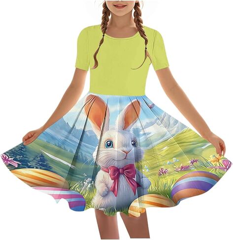 Easter Dress Girls Trendy Printed Short Sleeve Round Neck Mini Dresses Ballet Tutu Flowy A-Line Sundress Size 4-14 in Kuwait
